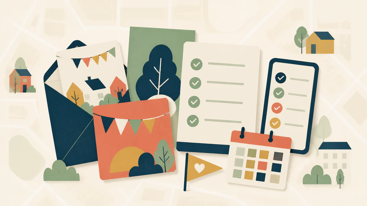 Colorful invitation cards, a guest list, and a phone with an RSVP check mark