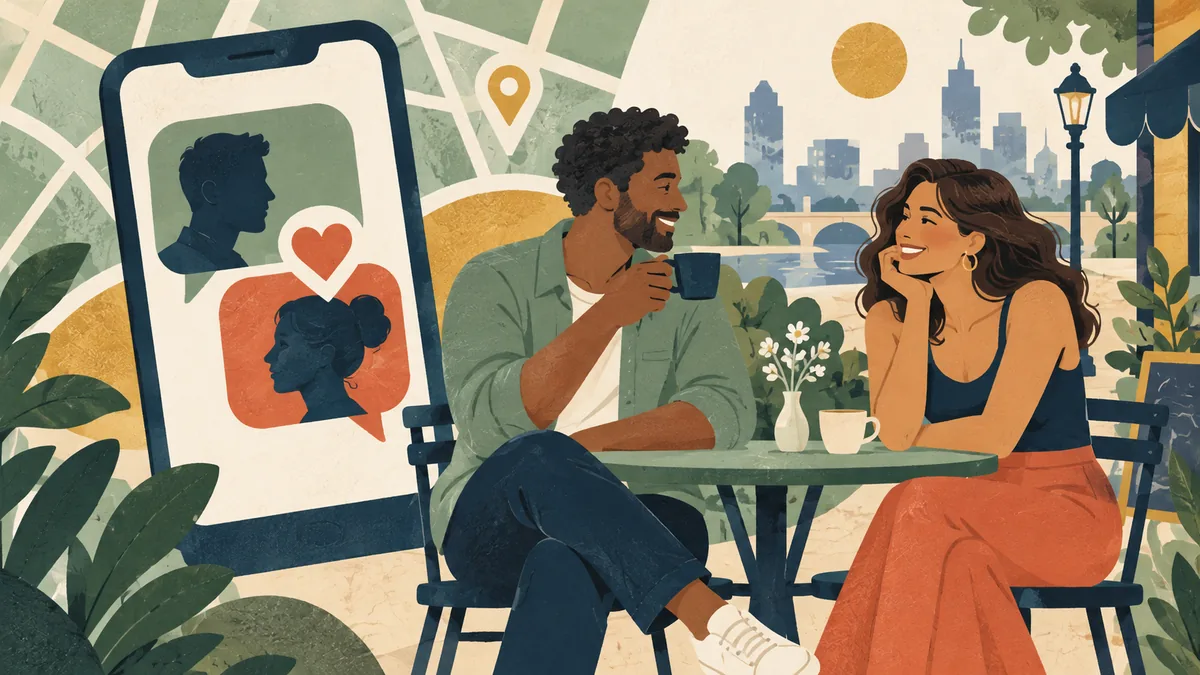 Two adults chatting at a cafe beside an illustrated phone with profiles and a heart