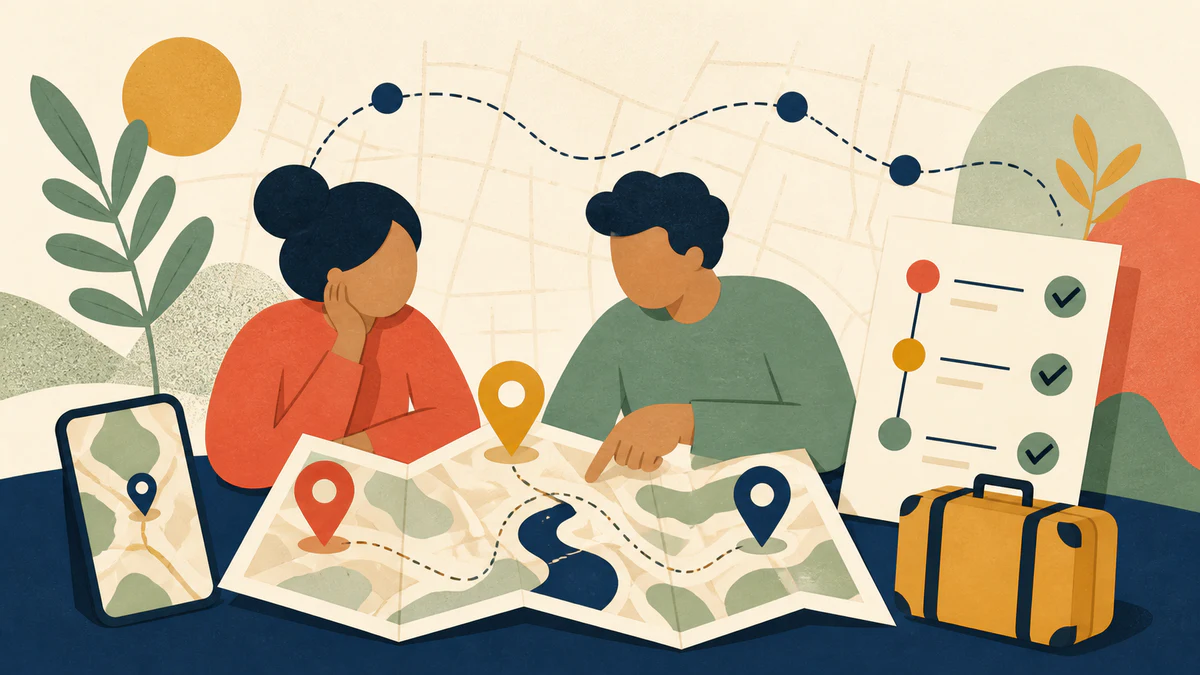 Travelers planning a shared trip with a map, itinerary, and saved places